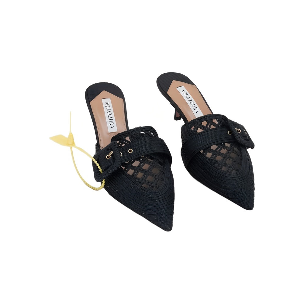 Aquazzura Raffia Pointed Toe Mule Buckle Black Size 8.5